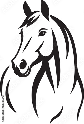 Horse head silhouette black and white art style, Majestic horse line illustration