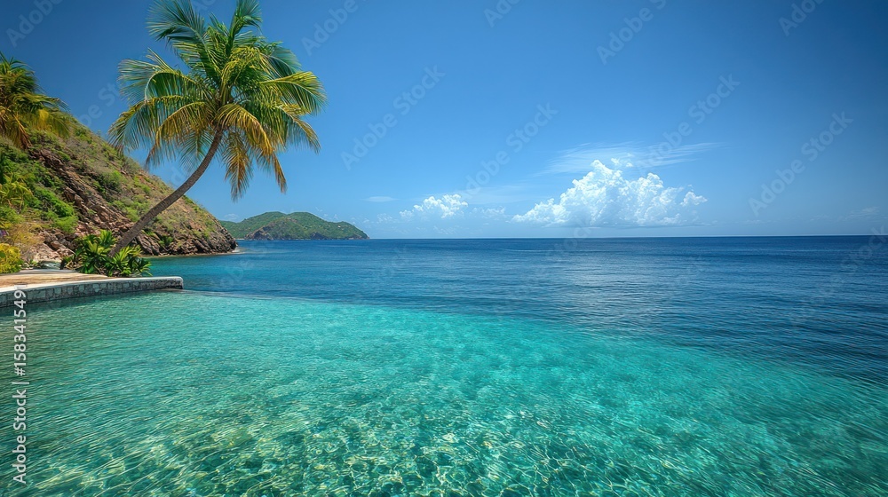 Naklejka premium Tropical paradise, crystal-clear water, lush vegetation. Coastal view of a calm bay