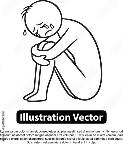 A simple black and white illustration of a person sitting sadly, head bowed, and crying.