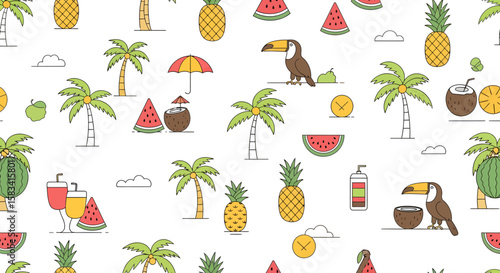 Tropical summer pattern with toucans coconuts pineapples watermelons palm trees and drinks.