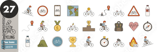 Cycling, biking - thin line icons set with colorful fill. Bicycle, bike, cyclist, bike route, e-bike, biking app, map, competition, mountain biking, reward, sport, vector illustration
