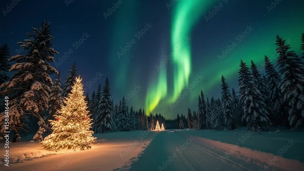 Magical winter night with vibrant aurora borealis illuminating a festive snowy landscape Magical winter night with vibrant aurora borealis illuminating a festive snowy landscape