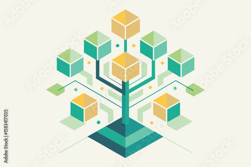 Abstract geometric illustration depicting a tree-like structure with cube-shaped elements and branching designs