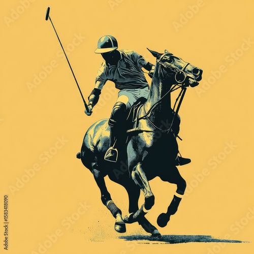 A polo player swinging a mallet while riding a galloping horse 