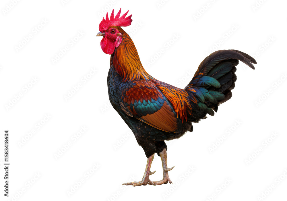 Fototapeta premium Vibrant, majestic male rooster with bright red comb, rich orange and red plumage, iridescent blue-green, glossy black feathers, standing proudly on a transparent seamless background with copy space,