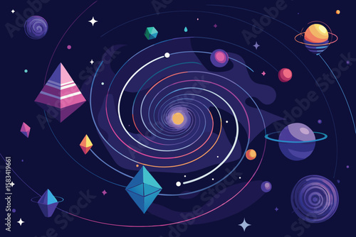 Abstract universe depiction with planets galaxies stars and geometric shapes in a colorful flat design