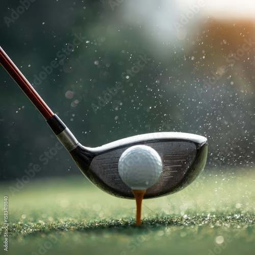 Close-up of a golf club striking the ball during a drive. 