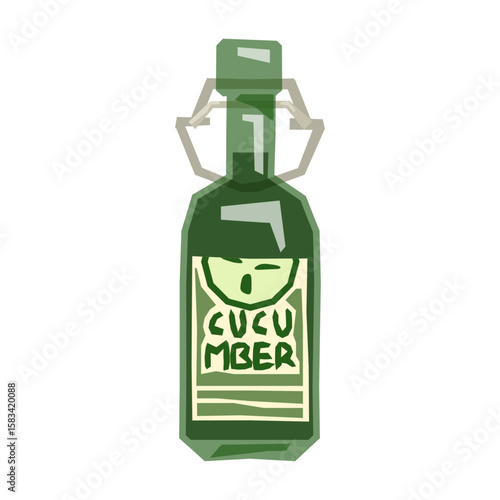 Cucumber Lemonade Bottle Illustration. Stylized green glass bottle with a cucumber label, flat cartoon style, isolated on white background.