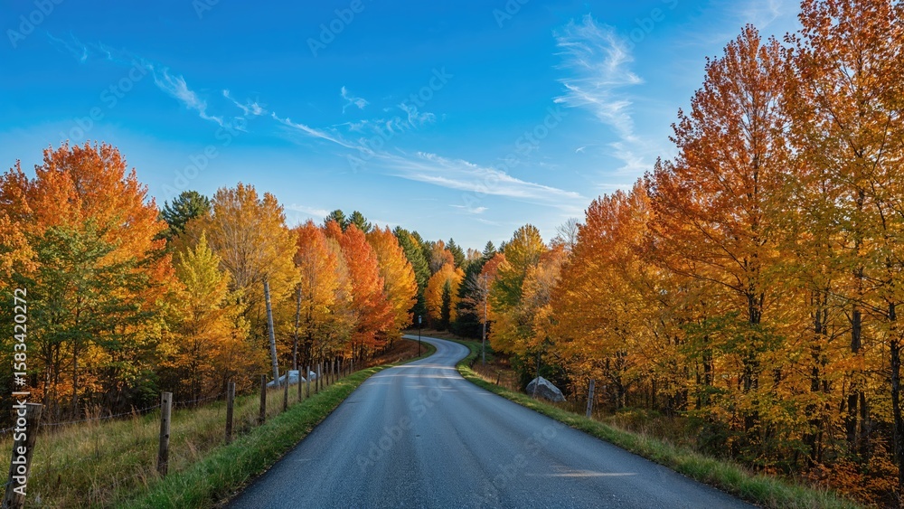 Fototapeta premium A Picturesque Road Curving Elegantly Amidst a Lush, Colorful Woodland