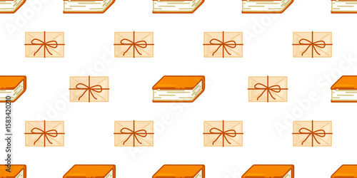 Vintage Book and Letter Pattern. Seamless design with books, envelopes, and tied paper elements in warm nostalgic colors, flat cartoon style on clean background.