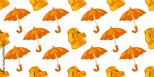 Rainy Day Seamless Pattern Design. Bright yellow raincoats and orange umbrellas arranged on a clean background in cheerful cartoon style. Inspired by rainy weather, seasonal mood, and outdoor fashion.