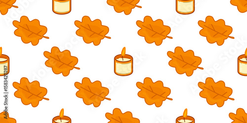 Autumn Candle Seamless Pattern. Orange leaves and lit candles in cozy seasonal arrangement, flat cartoon style on clean background.