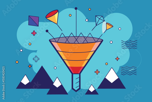 Conceptual illustration of a data funnel with abstract shapes symbolizing input and output against a blue background.