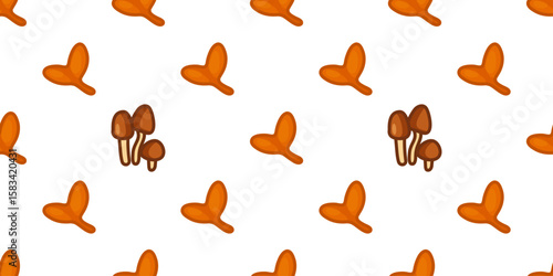 Autumn Mushrooms and Seeds Pattern. Repeating illustration with brown mushrooms and orange maple seeds on white background. Flat cartoon style, warm autumn palette.