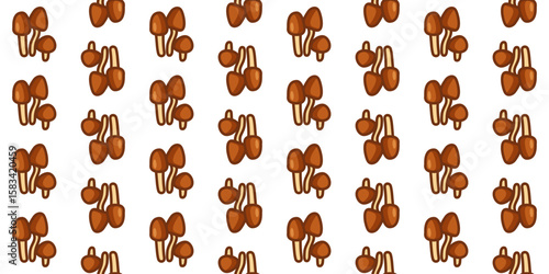 Brown Forest Mushrooms Seamless Pattern. Cartoon-style pattern with small clusters of brown forest mushrooms. Flat illustration with warm tones, seamless design on white background.