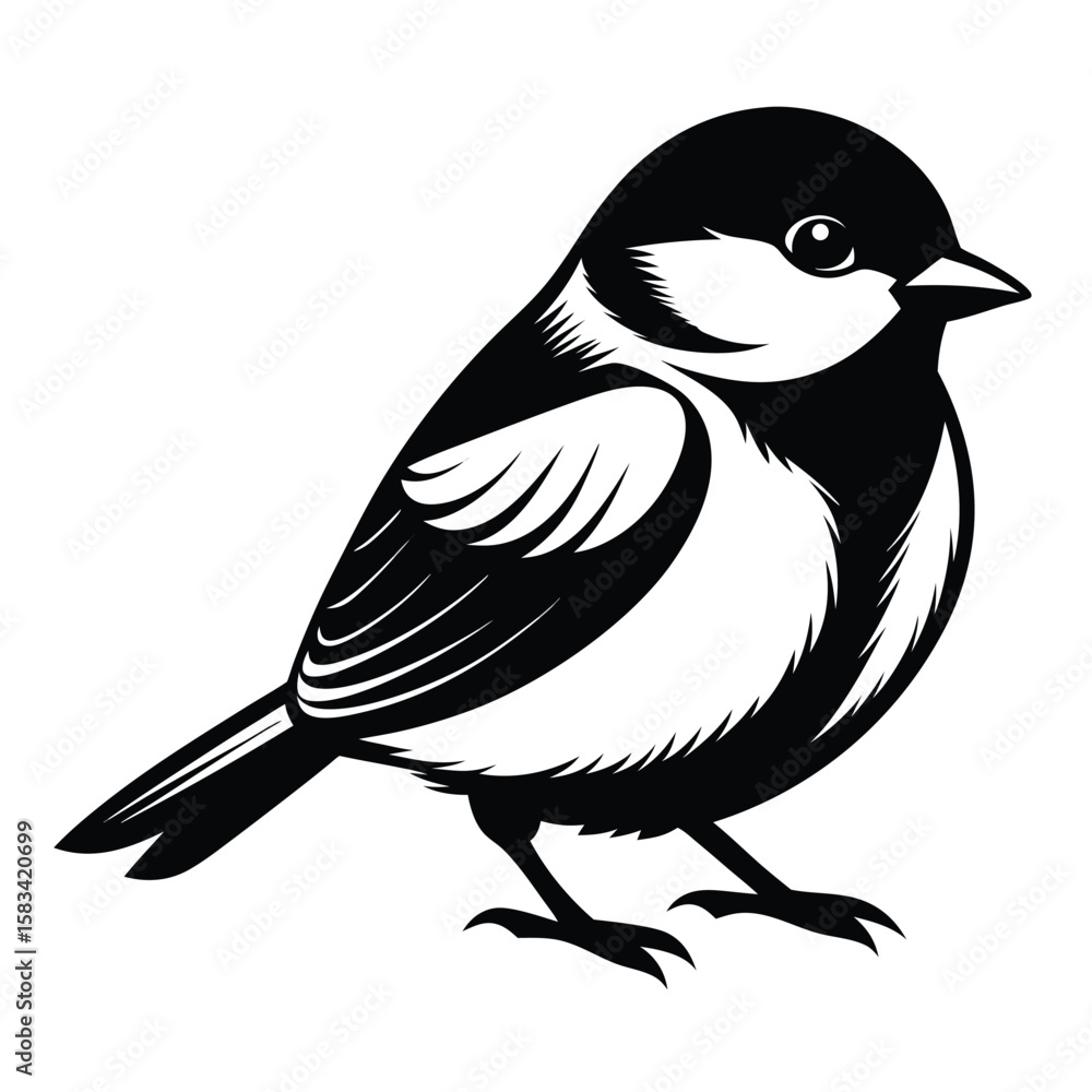 Naklejka premium Charming Black and White Illustration of a Chickadee Bird with Fine Details and Artistic Flair