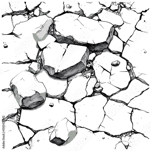 Hand-drawn broken rock pattern, engraved cracked stone texture, antique line detail, vintage geological sketch, rugged surface print, retro texture illustration, vector illustration.