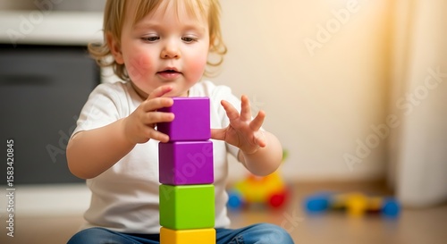Adorable toddler engrossed in playtime stacking colorful building blocks carefully at home