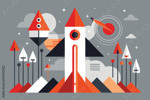 Geometric rocket launching into space concept with abstract shapes and target symbol against a gray background