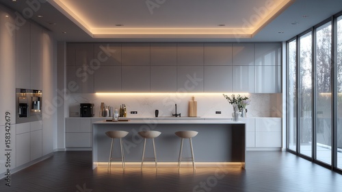 Modern kitchen interior with sleek design and elegant lighting showcasing cooking area and appliances in evening ambiance