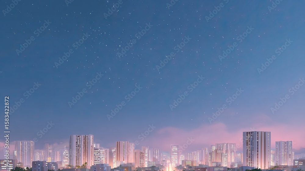 Fototapeta premium Stunning Cityscape at Twilight with Urban Buildings and Starry Night Sky, Soft Lights and Calm Atmosphere