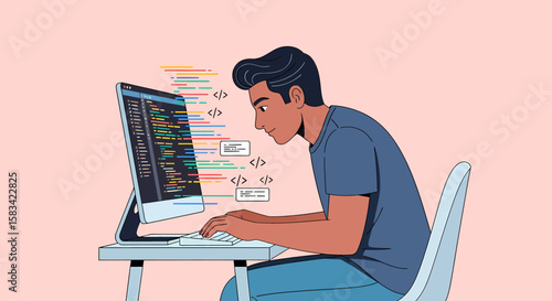 Cartoon programmer coding on a computer with colorful code snippets.