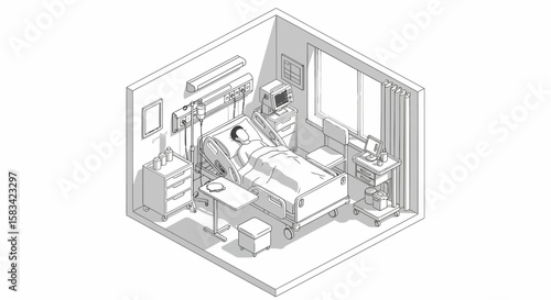 Isometric hospital room illustration with patient in bed and medical equipment.