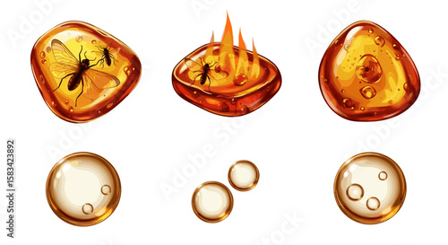 Collection of amber pieces showcasing preserved insects and bubbles in various shapes and sizes displayed neatly