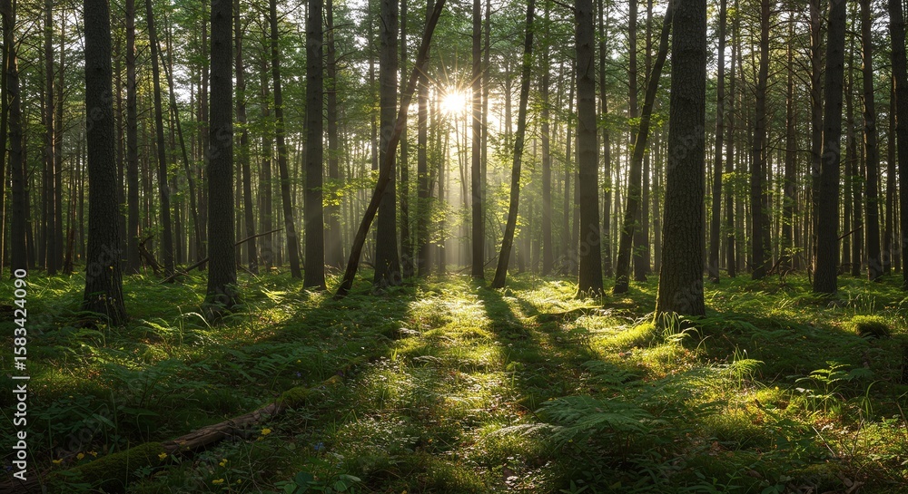 Obraz premium Sunlight Streaming Through Forest Trees in Bright Natural Woodland Scene