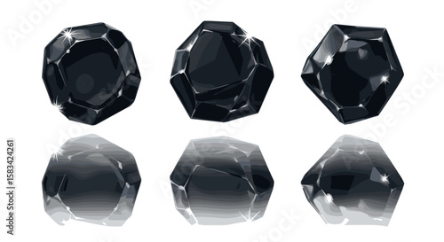 Illustration of six dark obsidian gemstones with reflections on a white background surface art style
