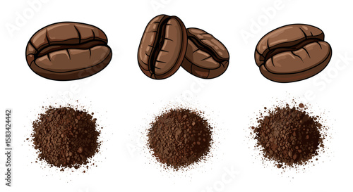 Coffee beans and ground coffee set for beverage, café menu, or roasted product design illustrations