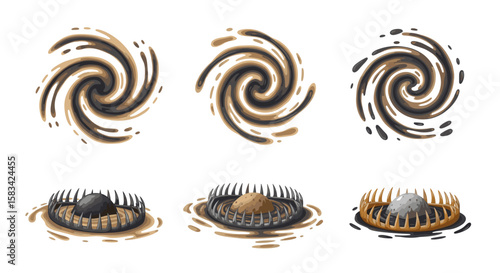 Illustration showcasing three swirling vortexes above three metallic basket nests with eggs inside