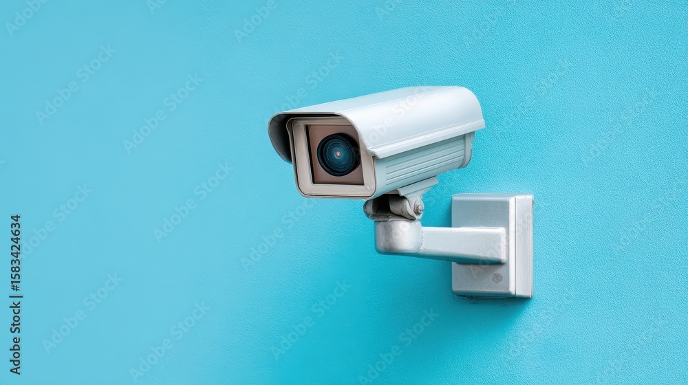 Security camera mounted on a bright blue wall, emphasizing surveillance technology in a modern setting. Security camera mounted on a bright blue wall, emphasizing surveillance technology in a modern setting.
