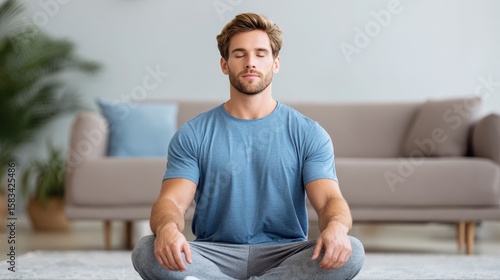 A man meditates calmly in a modern living room, embodying tranquility and mindfulness.