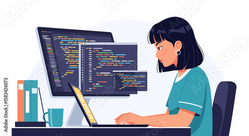 Focused programmer with short dark hair coding on a laptop with multiple screens.