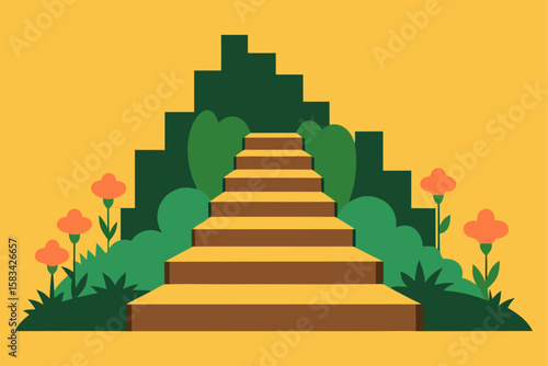 Vector illustration of a winding staircase to the sky, a symbolic path to success and achievement