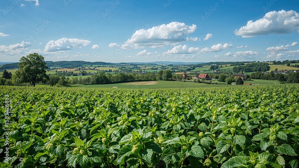 Lush hop plants thriving in a countryside setting under clear skies. Lush hop plants thriving in a countryside setting under clear skies.
