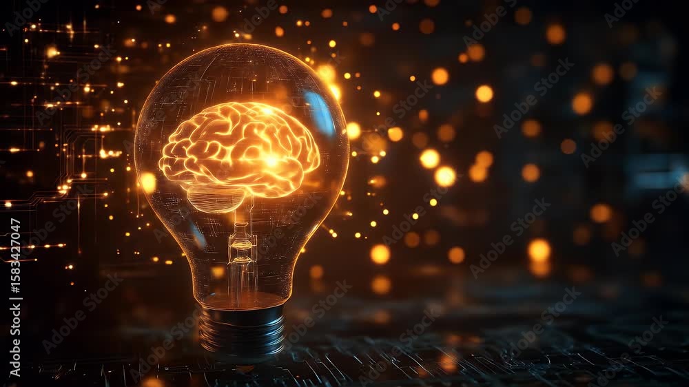 Glowing brain inside a lightbulb representing AI innovation Stock ビデオ ...