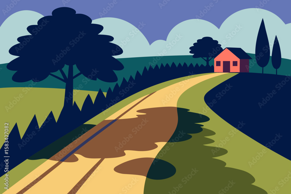 Obraz premium Vector landscape illustration with green trees, mountains, a winding road, and a vibrant sky at sunset