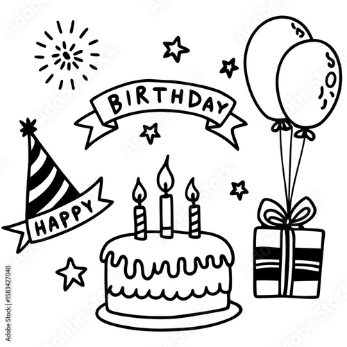 Birthday Bash Line Art Vector Set