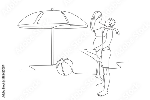 Romantic couple on vacation at the beach. Romantic trips concept one-line drawing