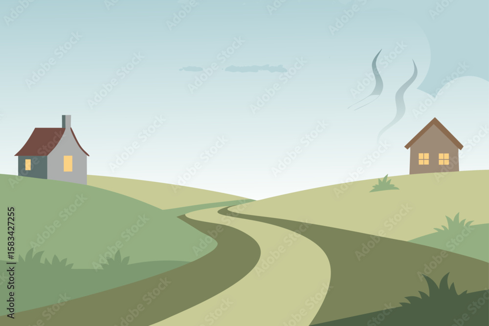 Naklejka premium Cartoon vector illustration of a peaceful rural landscape with a charming cottage, winding road, green trees, and a distant church under a blue summer sky