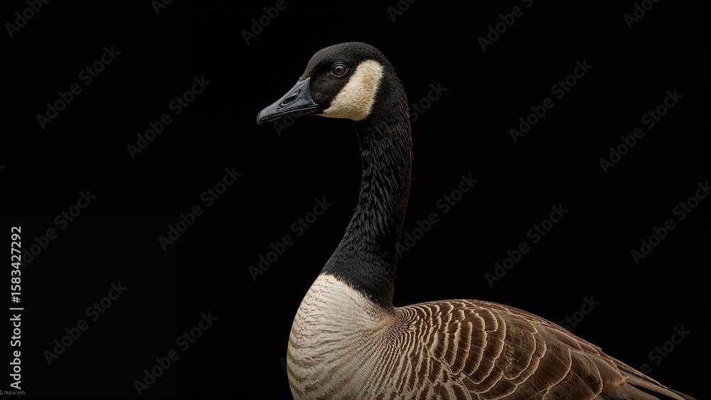 Obraz premium Mixed-species goose (Headed-barred goose x Canada goose) shown against a black backdrop, focusing on its attributes