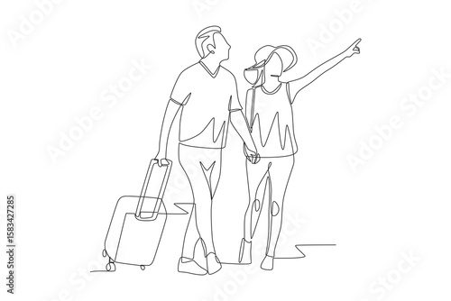 Romantic couple going on vacation. Romantic trips concept one-line drawing