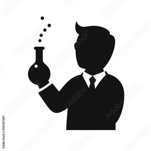 Scientist silhouette holding laboratory flask with bubbling contents on white background