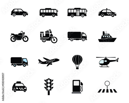Black Transportation Icons Set Car Bus Truck Plane Helicopter