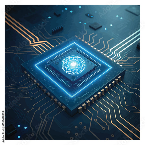 Technology quantum blue portal on circuit motherboard with thin line glowing wires. Tech background. Ai chip concept. Abstract light neon square frame .