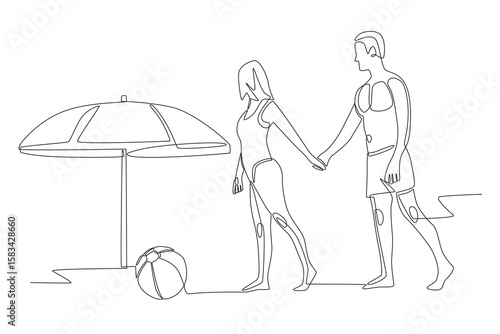 Romantic couple on vacation at the beach. Romantic trips concept one-line drawing