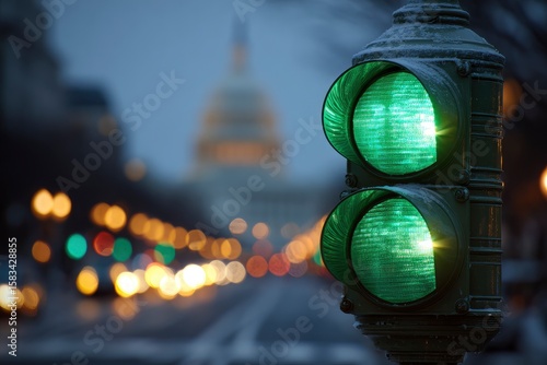 A vintage green traffic light illuminates with the Capitol Building blurred in the background on a snowdusted evening