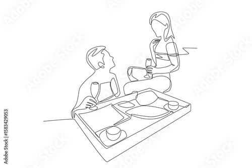 Romantic couple having breakfast at the swimming pool during holiday. Romantic trips concept one-line drawing